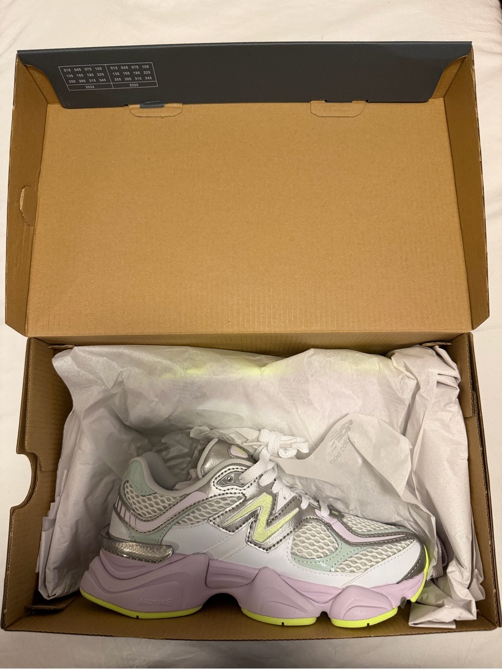New Balance Women’s White Sneaker with Pastel Lavender & Neon Lime Accents - Picture 2 of 4